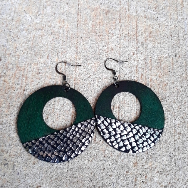 Green/Wood Statement Earrings W/Metallic Silver/ Black Exotic Print Detail